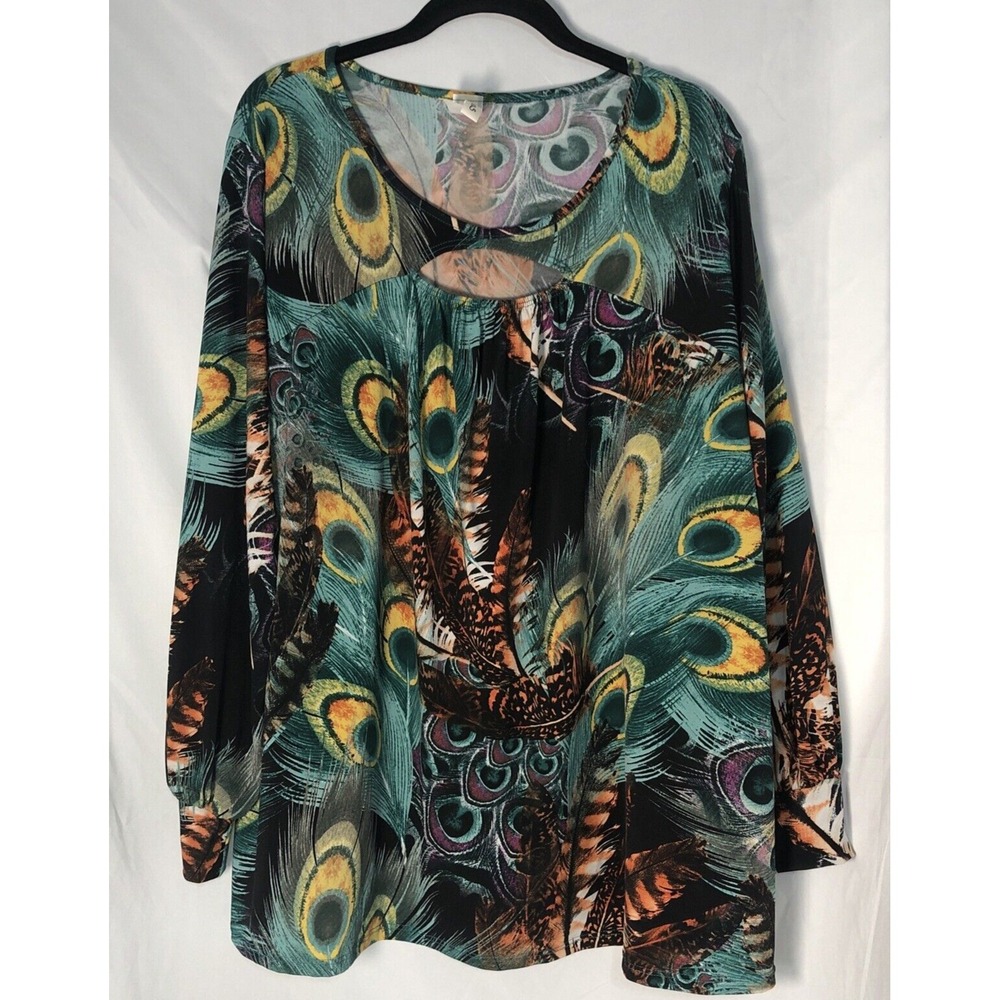 Crepas Women's Multicolor Peacock Long-Sleeve V-Neck Top‎ w Keyhole Neck - XL